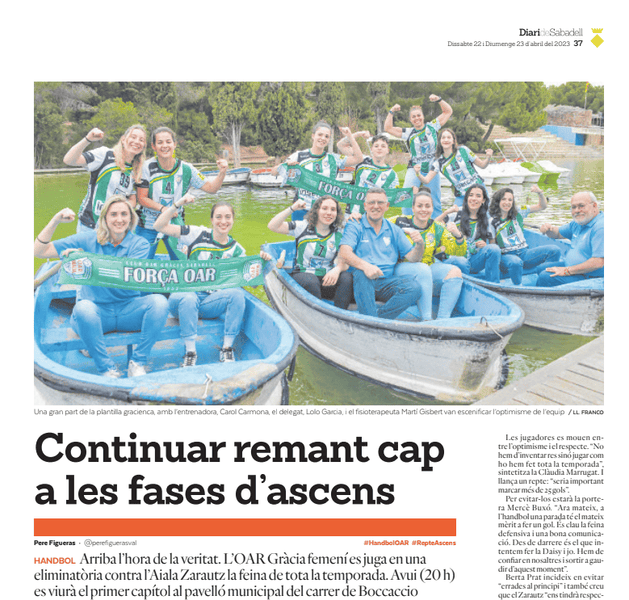 Las barcas de L'Embarcador en el Diari de Sabadell para promocionar el Play-off del Equipo OAR Gràcia Sabadell de balonmano